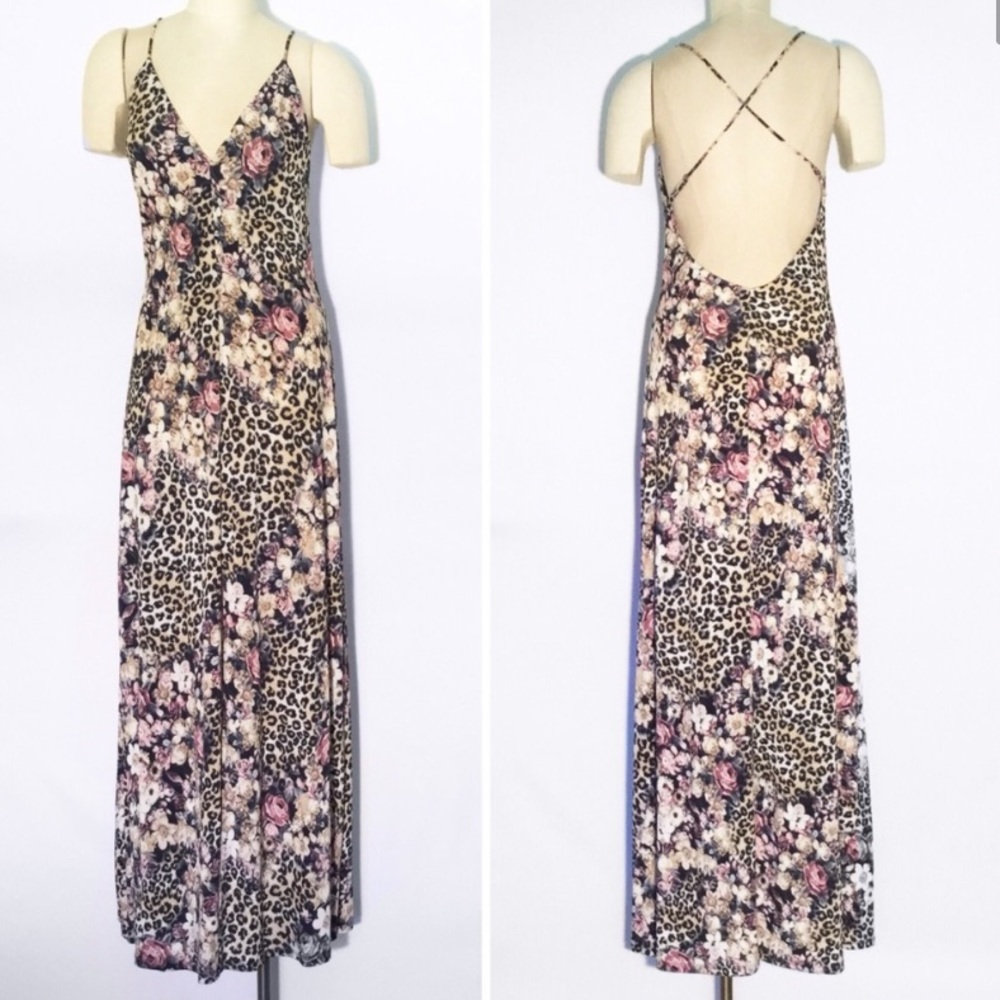 Floral Leopard Print Open Back Maxi Dress Size Large